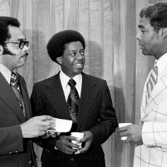 Dr. Lucius Walker Jr., center, associate general secretary of the National Council of Churches of Christ, talks to the Rev. Kelly Miller Smith, right, pastor of the First Baptist Church Capitol Hill, and the Rev. Peter Paris, minister of social concerns, at a reception following church services at First Baptist Sept. 22, 1974. Robert Johnson / The Tennessean